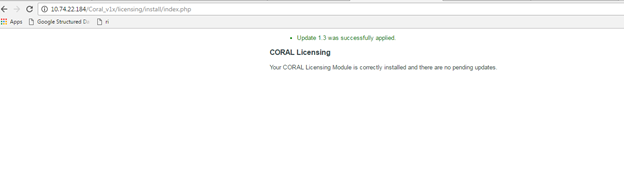 Screenshot of CORAL Licensing showing successful update up to Version 1.3