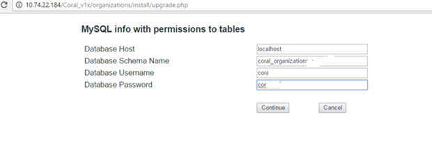 Screenshot of CORAL Organizations MySQL permissions info