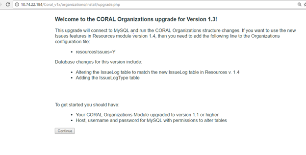 Screenshot of CORAL Organizations update for Version 1.3