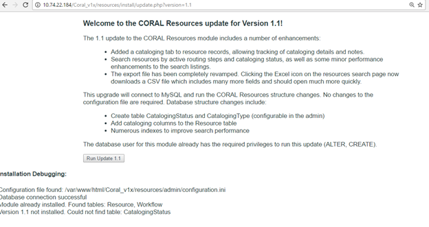 Screenshot of CORAL Resources update for Version 1.1