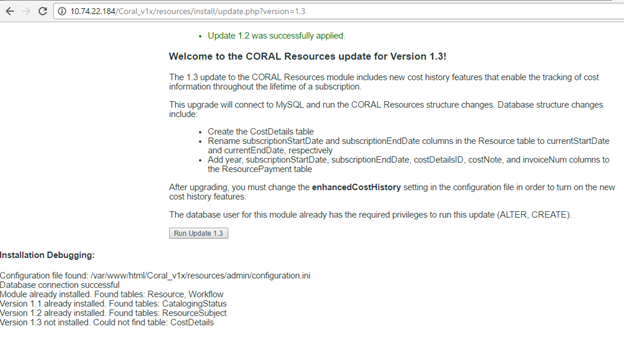 Screenshot of CORAL Resources update for Version 1.3