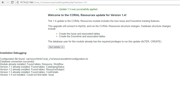 Screenshot of CORAL Resources update for Version 1.4
