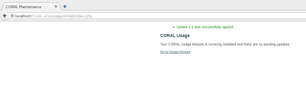 Screenshot of CORAL Usage module showing successful update