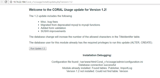 Screenshot of CORAL Usage module update for Version 1.2