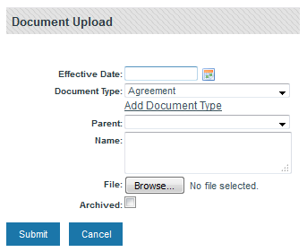 screenshot of Document Upload form.  There are 6 fields.