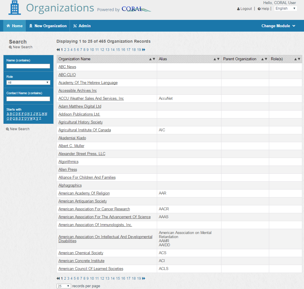Screenshot of Organizations Home Page