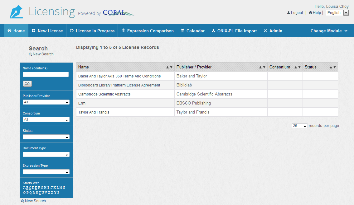 image of home screen for Licensing modules.  Search features are on the left and a table of licenses on the right.