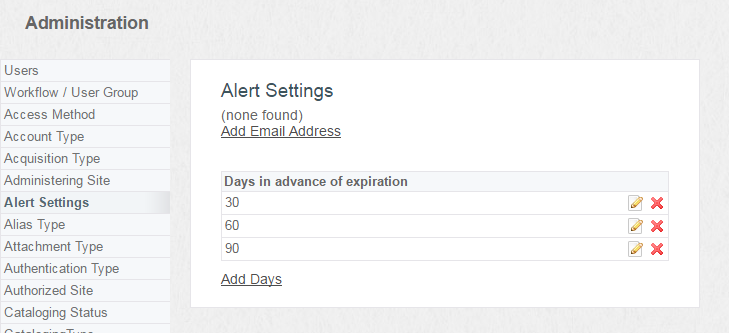 Screenshot of Admin Alert Settings